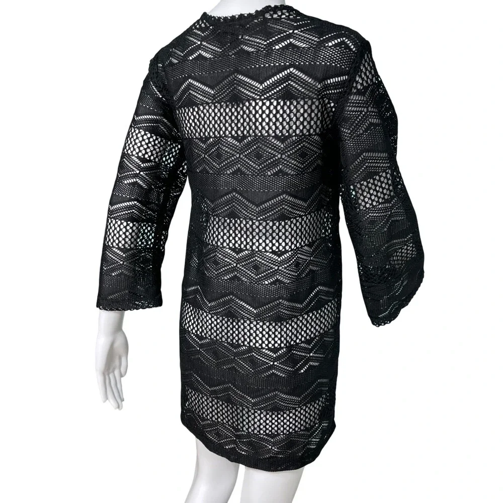 Black Crochet Knit V-Neck Swim Beach Cover Up Resortwear Dress Bell Sleeve - Picture 5 of 10